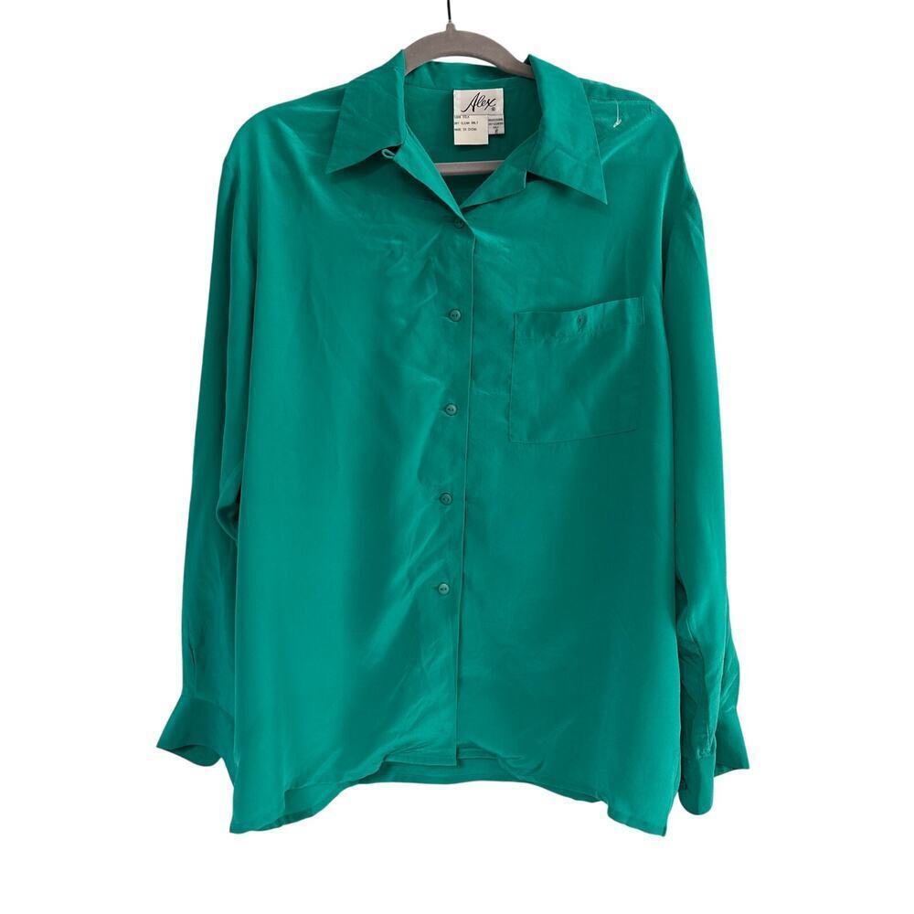 Alex Green Silk Blouse Long Sleeve Holiday Ready